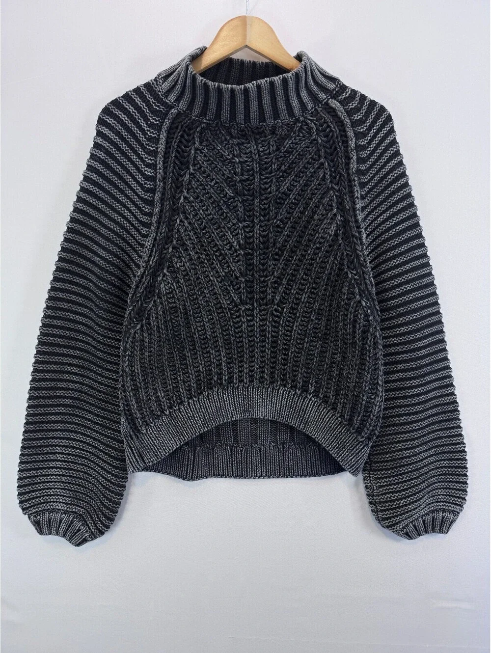 Free People Sweetheart Rib Chunky Mock Neck Sweater Black Washed Cotton M